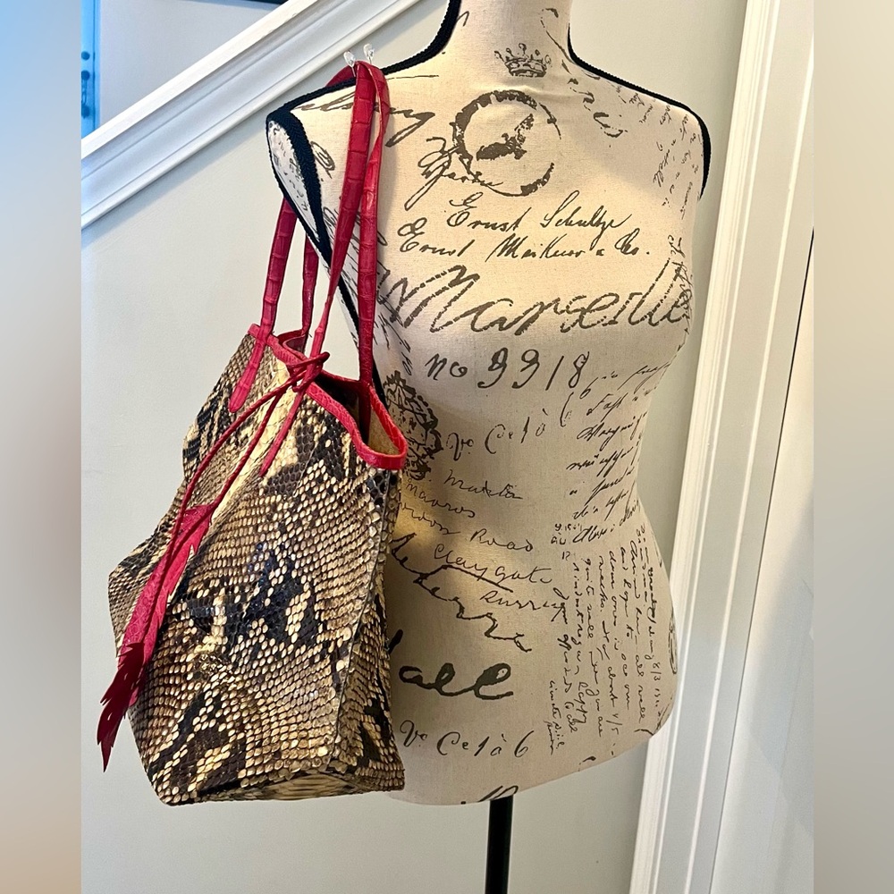 Nancy Gonzalez Large Snakeskin Tote 19” Red Trim + Removable Insert